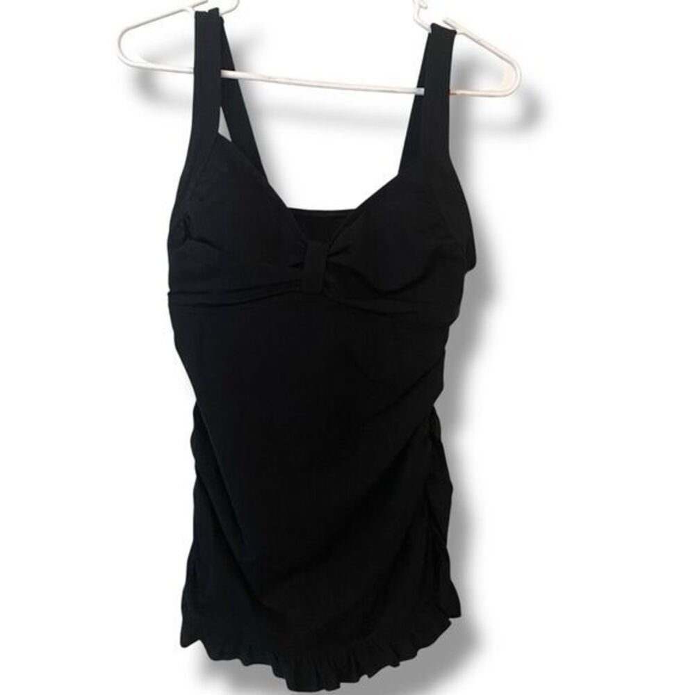 Lands End Women's Swim Tankini Top Sz 10 D Black Ruched Side Ruffle Hem